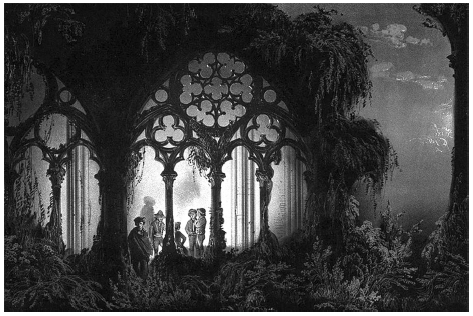 La imaginaci&oacute;n g&oacute;tica como excitadora de mentes: Bandidos de Espa&ntilde;a escondidos en unas ruinas g&oacute;ticas. Cromolitograf&iacute;a dibujada por el artista franc&eacute;s Victor Petit (1817-1874), grabada por Pedro Francisco Godard (1768-1838) y publicada en Par&iacute;s a finales de la d&eacute;cada de 1830.