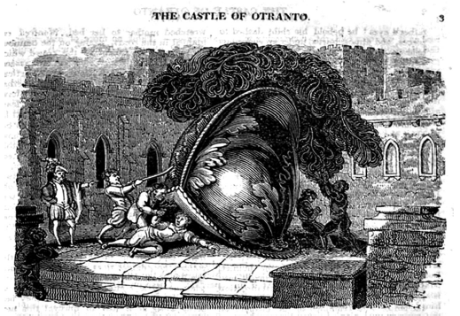 Ilustraci&oacute;n de una edici&oacute;n de 1824 de The Castle of Otranto, en la que el duque Manfred ordena que Theodore, el muchacho campesino, sea encarcelado bajo el prodigioso casco de Alfonso el Bueno, bajo el que ha muerto su hijo Conrad (Bodleian Libraries, University of Oxford).