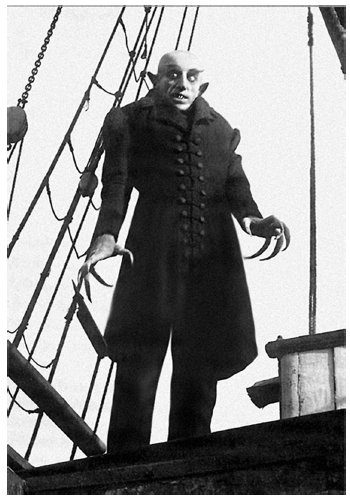 Fotograma de Nosferatu (1922), mostrando&nbsp;al conde Graf Orlok a bordo de la embarcaci&oacute;n que lo&nbsp;traslada a Estocolmo.