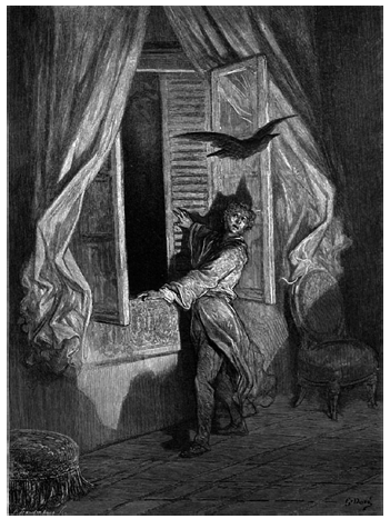 Ilustraci&oacute;n n&uacute;mero 14 de Gustave Dor&eacute;&nbsp;(1832-1883) para El cuervo de Edgar Allan Poe (1809-1849), correspondiente a la l&iacute;nea &ldquo;No hizo la menor&nbsp;reverencia&rdquo; (1884).