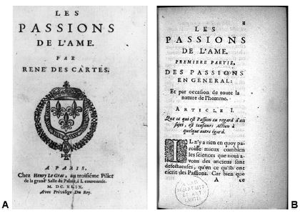 Portadas de las dos primeras ediciones de Les passions&nbsp;de l'&acirc;me de Ren&eacute; Descartes: Edici&oacute;n de Paris de Henry Le Gras&nbsp;(ca. 1590-1662) (A), y edici&oacute;n de Amsterdam, realizada en la imprenta&nbsp;de Louis Elzevier (1540-1617) (B).