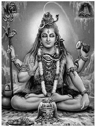 Los atributos del Shiva (el &lsquo;auspicioso&rsquo;),&nbsp;el dios destructor de la trinidad hind&uacute;&nbsp;(Tri-murti), junto a Brahm&aacute; (dios&nbsp; creador) y a&nbsp;Vishn&uacute; (dios preservador). Obs&eacute;rvese el tercer&nbsp;ojo en la regi&oacute;n frontal.