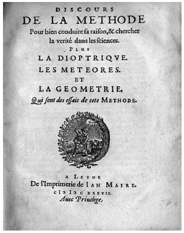 Portada de la primera edici&oacute;n de la conocida obra&nbsp;de Descartes Discours de la m&eacute;thode: pour bien conduire&nbsp;sa raison, & chercher la v&eacute;rit&eacute; dans les sciences. Plus, La&nbsp;dioptrique; Les m&eacute;t&eacute;ores; Et, La g&eacute;om&eacute;trie. Qui sont des&nbsp;essais de cette m&eacute;thode (De l'imprimerie de Ian Maire, Leiden,&nbsp;1637).