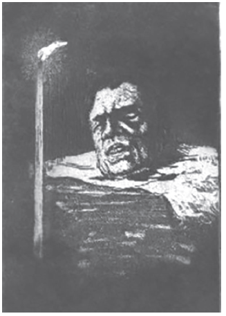 Cabeza de decapitado (1888). Grabado por Henri Gu&eacute;rard. Cortes&iacute;a de la Biblioteca Nacional de Francia.