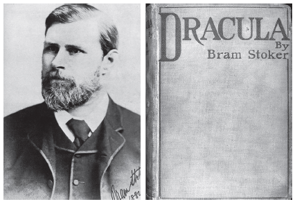 Fotograf&iacute;a de estudio de Bram Stoker realizada en 1882,&nbsp;antes de publicar su gran obra, Dr&aacute;cula, y portada de la primera&nbsp;edici&oacute;n de la misma (London: Archibald Constable and Company,&nbsp;1897).