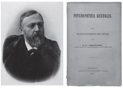 Fotograbado de Richard von Krafft-Ebing (Wellcome Collection,&nbsp;Londres, Reino Unido) y frontispicio de la primera edici&oacute;n&nbsp;de la obra fundacional Psychopathia Sexualis (Stuttgart: Verlag von&nbsp;Ferdinad Enke, 1886), primer estudio cient&iacute;fico sobre las parafilias.