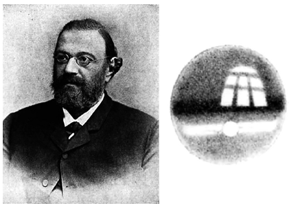 Wilhelm Friedrich K&uuml;hne, considerado uno de los padres&nbsp;de la optograf&iacute;a y supuesto optograma tomado por &eacute;l en la retina&nbsp;de un conejo, en 1878.