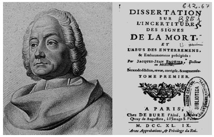 El anatomista Jacques-Benigne Winsl&oslash;w, en un grabado&nbsp;realizado por Ambrose Tardieu (1788-1841) (Biblioth&egrave;que Interuniversitaire&nbsp;de Sant&eacute;, Paris, Francia) y frontispicio del tomo primero&nbsp;de la edici&oacute;n parisina de 1749 del texto de Jean-Jacques Bruhier,&nbsp;Dissertation sur l&rsquo;incertitude des signes de la mort et l&rsquo;abus des enterrements,&nbsp;et embauments précipités (Chez De Bure l&rsquo;Ain&eacute;).