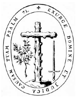 Escudo de la Inquisici&oacute;n Espa&ntilde;ola. La espada, a un lado de cruz, simboliza el trato a los herejes, y la rama de olivo, al otro lado, la reconciliaci&oacute;n con los arrepentidos. El escudo est&aacute; rodeado por la leyenda &ldquo;EXURGE DOMINE ET JUDICA CAUSAM TUAM PSALM 73&rdquo; (&ldquo;&Aacute;lzate, oh Dios, a defender tu causa, salmo 73&rdquo;).