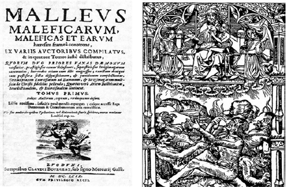 Portada de la edici&oacute;n de 1669 del Malleus Maleficarum, de los dominicos Heinrich Kramer (ca. 1430-1505) (Institoris) y Jakob Sprenger (1436-1495) (Lugduni: sumptibus Claudii Bourgeat...) e ilustraci&oacute;n de una de las primeras ediciones de esta obra (Prigi, 1497).