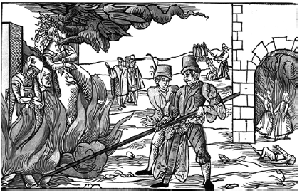 Grabado denominado Quema p&uacute;blica de tres brujas en Derneburg, de autor desconocido y realizado en 1555.