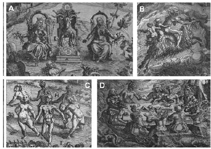 Cuatro detalles del grabado de Jan Ziarnko (1575-1630) El s&agrave;bat de les bruixes, en el libro de Pierre de Lancre (1553-1631), Tableau de l&rsquo;Inconstance des Mauvais Anges et D&eacute;mons (Par&iacute;s: Nicolau Buon, impressor, 1613): 
                              A. Satan&aacute;s, en forma de macho cabr&iacute;o, sentado en un trono dorado predicando.
                              B. Llegada de brujas al sabbath sobre chivos, acompa&ntilde;adas de ni&ntilde;os que han raptados.
                              C. Brujas desnudas bailando, con la cara vuelta hacia fuera del c&iacute;rculo de la danza.
                              D. Brujas y demonios disfrutando de un banquete, cuyas viandas son carro&ntilde;a, carne de ahorcados, de ni&ntilde;os no bautizados y otros animales impuros.