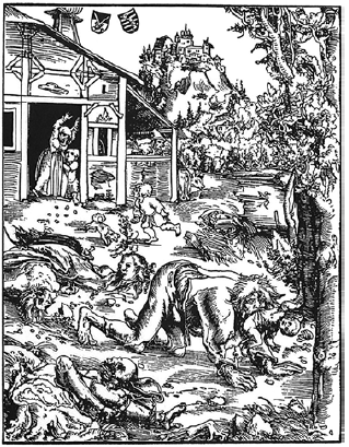 En este grabado del pintor alem&aacute;n Lucas Cranach &ldquo;el Viejo&rdquo; (1472-1553), realizado en el a&ntilde;o 1512, se puede observar una representaci&oacute;n de un hombre lobo que lleva en su boca el cuerpo de un ni&ntilde;o.