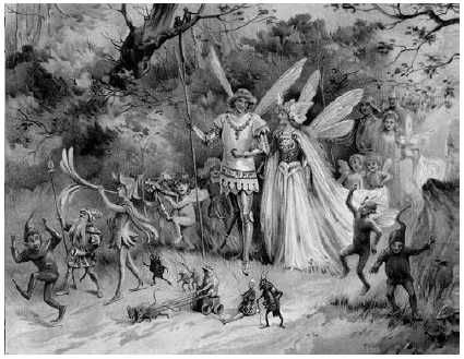 La reina de Elfame en una ilustraci&oacute;n de Evelyn Stuart Hardy (1870-1935) titulada La llegada del Rey y la Reina de las Hadas para el libro de Fred. E. Weatherly (1848-1929), The Book of Gnomes (London: Ernest Nister, 1895).