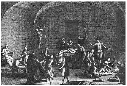 Imagen ficticia de una c&aacute;mara de tortura inquisitorial, seg&uacute;n un grabado del siglo XVIII de Bernard Picart (1673-1733).