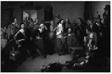 Examination of a Witch (1853), de Thompkins H. Matteson (1813-1884) (Collection of the Peabody Essex Museum), obra inspirada en los c&eacute;lebres juicios por brujer&iacute;a de Salem. Se supon&iacute;a, en el acerbo brujol&oacute;gico convencional, que el diablo marcaba f&iacute;sicamente a sus sirvientes.