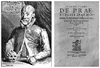 Johannes Wier (1515-1588), retratado en un grabado de 1660, y portada de su obra De Praestigiis Daemonum, edici&oacute;n de Basilea (1583).