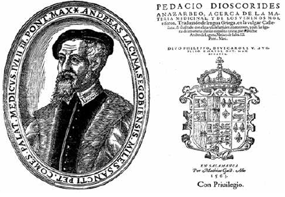 Retrato de Andr&eacute;s Laguna (1499-1560), seg&uacute;n un grabado de la edici&oacute;n salmantina de su Diosc&oacute;rides (Acerca de la materia medicinal y de los venenos mort&iacute;feros) de 1563 y frontispicio de esta versi&oacute;n comentada, realizada en la imprenta de Math&iacute;as Gast (n.d.-1577) (Salamanca, 1563).