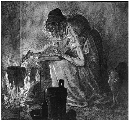 La bruja, seg&uacute;n un grabado de 1870 de Hans Thoma (1839-1924)