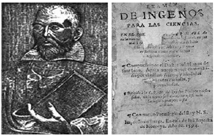 Representaci&oacute;n de autor desconocido de Juan Huarte de San Juan (1529-1588) y portada de la edici&oacute;n de 1594 del Examen de Ingenios para las Ciencias, impresa en Baeza por Juan Bautista de Montoya (ca. 1568-1617).