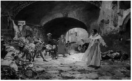 El Padre Jofr&eacute; protegiendo a un demente (1887), seg&uacute;n el famoso lienzo del pintor valenciano Joaqu&iacute;n Sorolla (1863-1923) (Diputaci&oacute;n de Valencia).