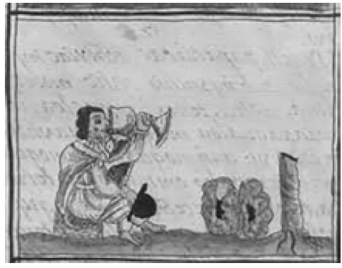 Representaci&oacute;n de un teonan&aacute;catl con un demonio de&nbsp;pie sobre de &eacute;l.